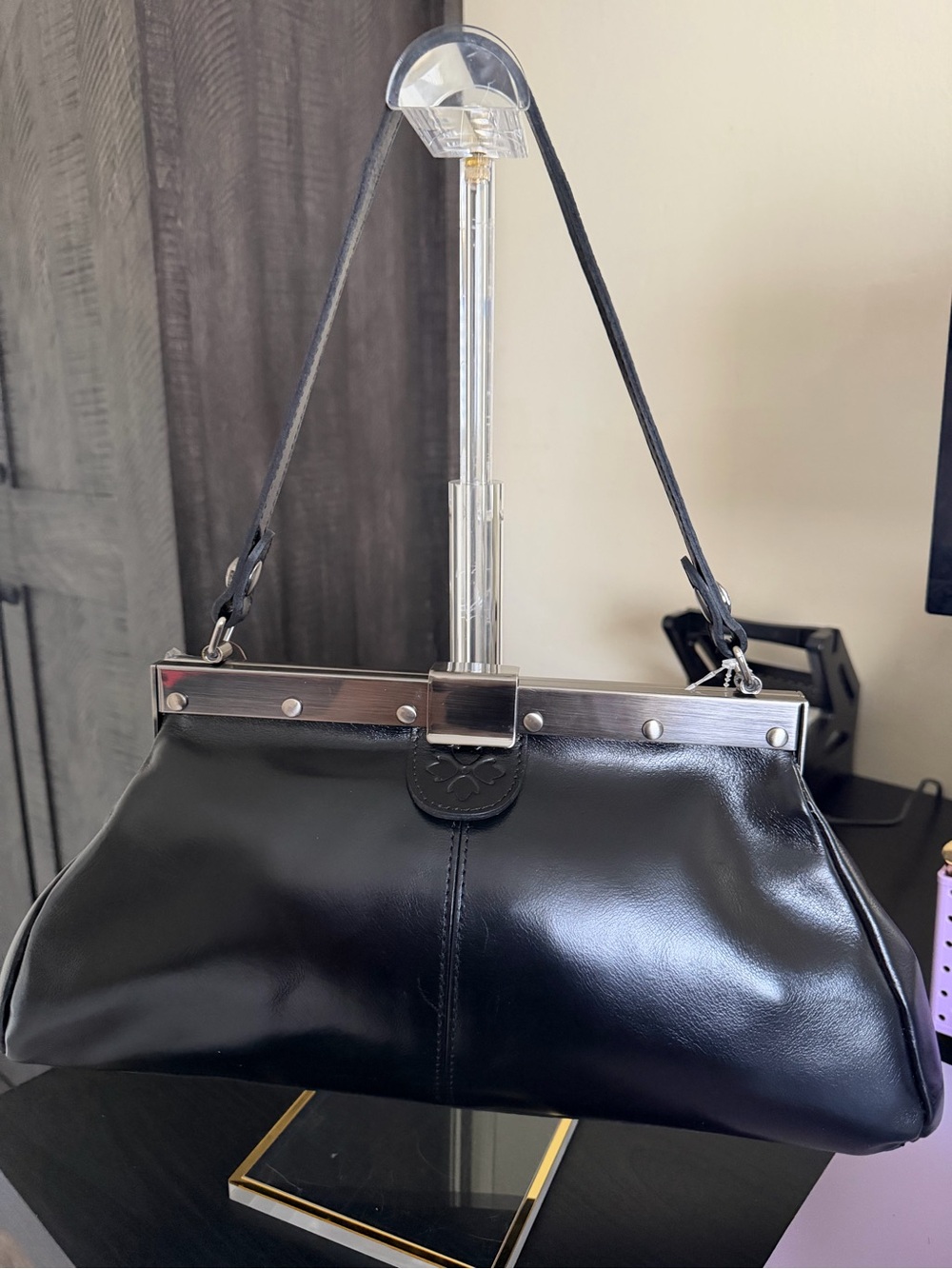 NWT Patricia Nash shoulder satchel in black leather with silver hardware